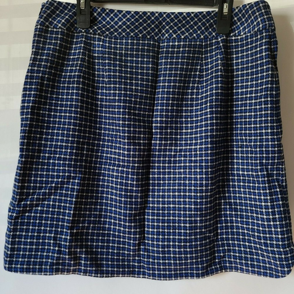 Talbots Petites Plaid Pencil Skirt Curved Side Slits Blue Black White Sz 16P NWT - Picture 2 of 8